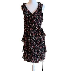 Guess Black Floral Ruffle Wrap Dress L Romantic Sleeveless V-neck Layered Hem